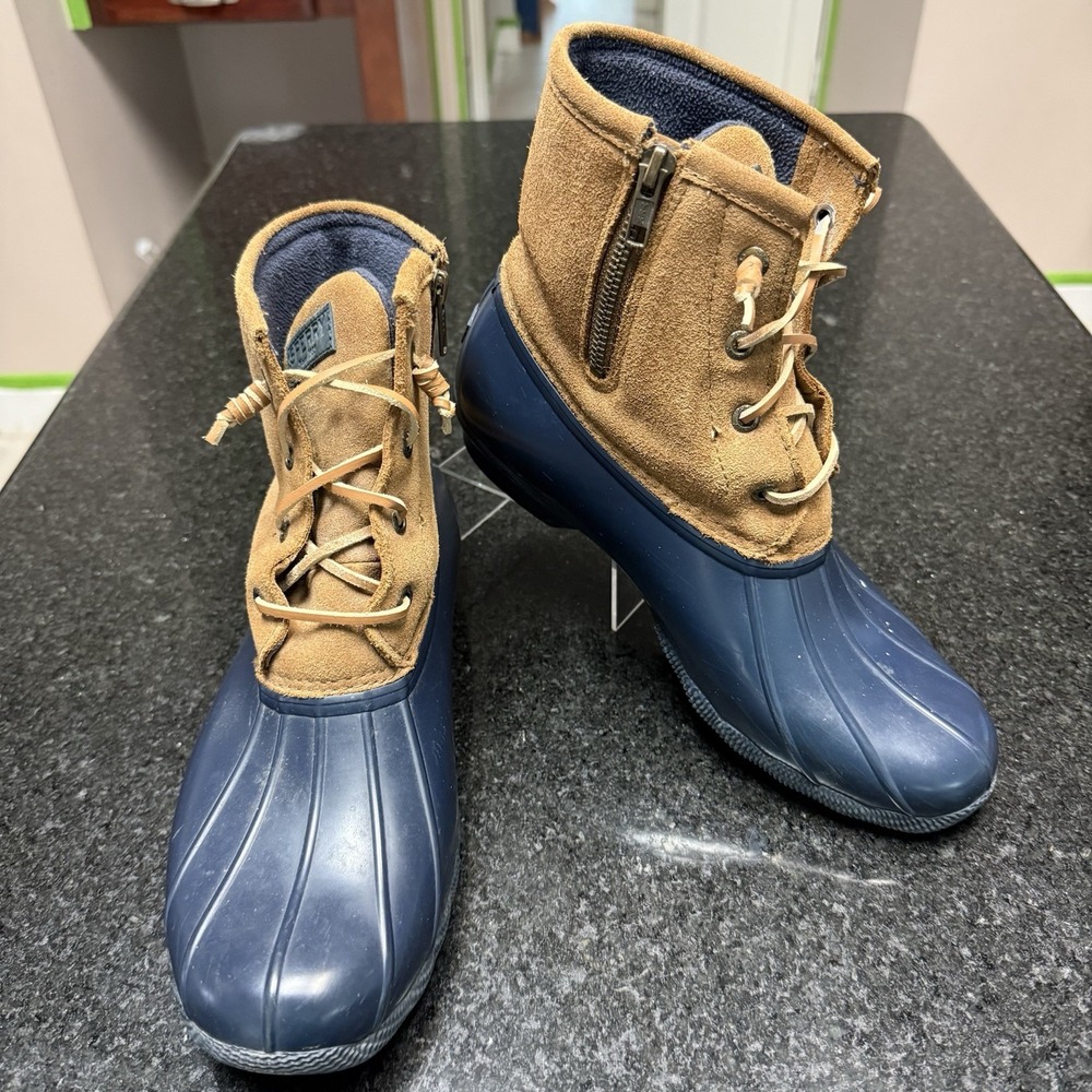 Sperry Saltwater Duck Boots Womens 10 M Navy Tan Suede STS98305 Waterproof Zip